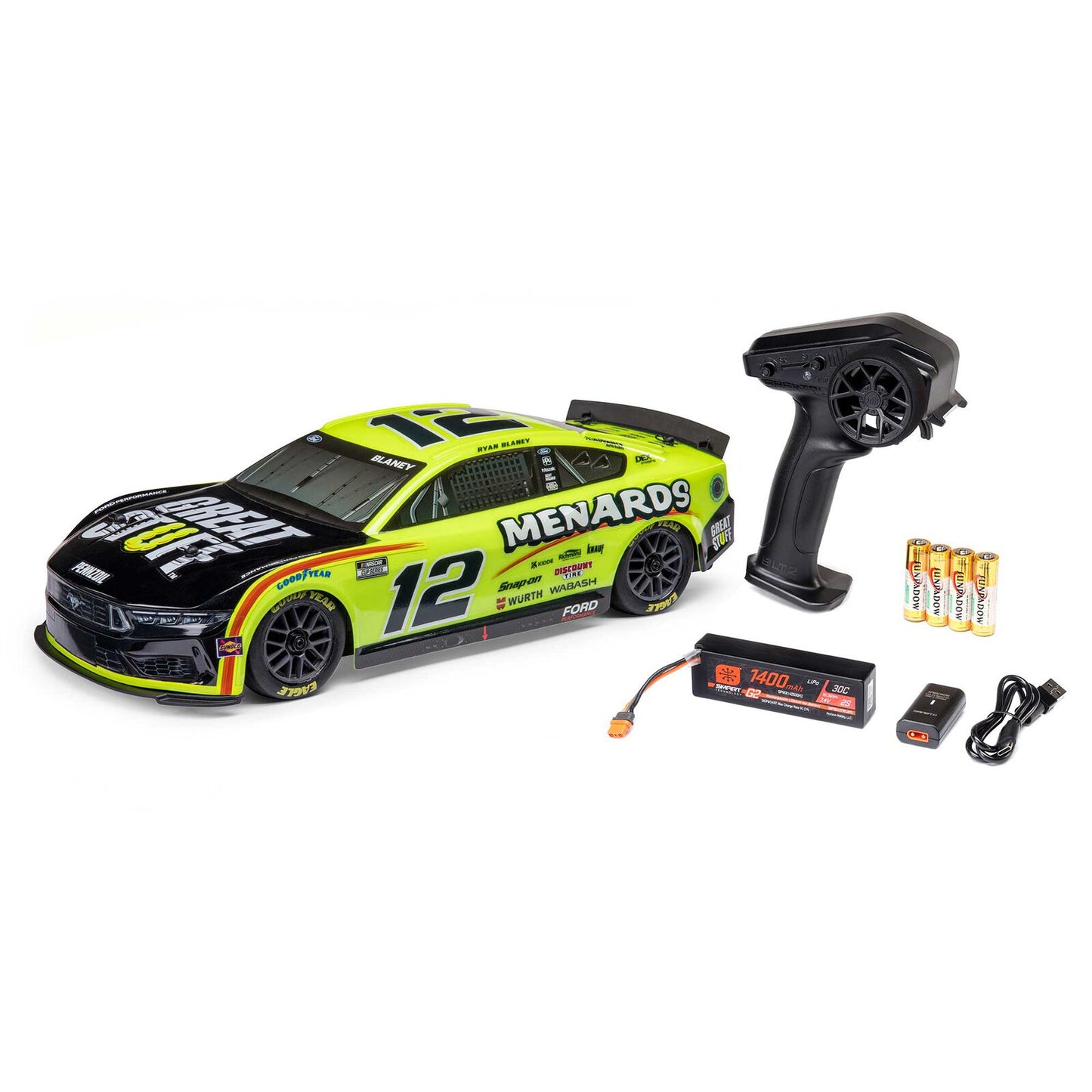 Losi 1/12 NASCAR AWD RC Racecar, Ryan Blaney No. 12 Menards 2024 Ford Mustang