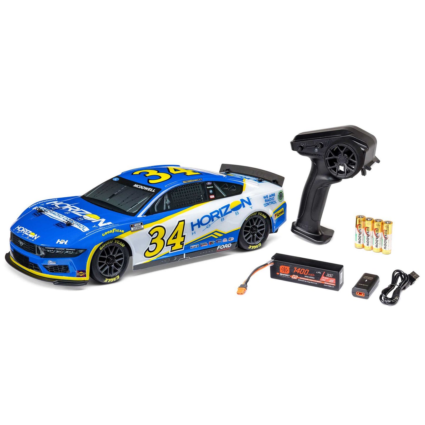 Losi 1/12 NASCAR AWD RC Racecar, Michael McDowell No. 34 Horizon Hobby 2024 Ford Mustang