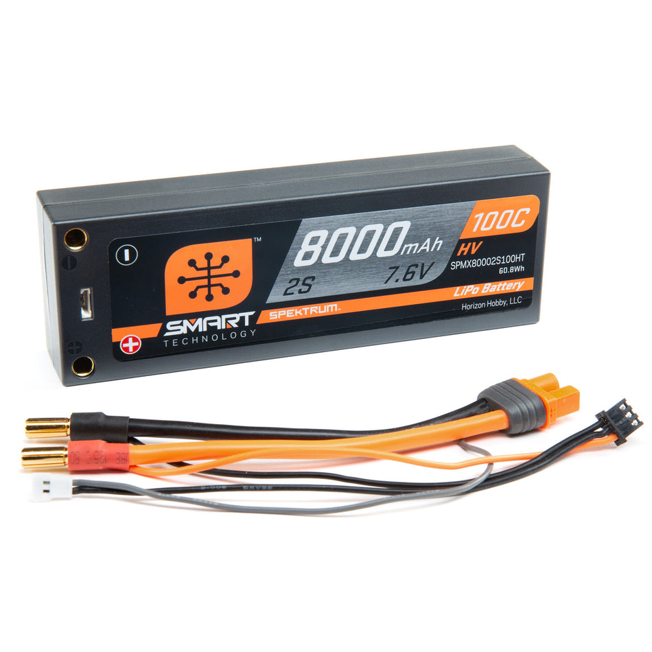 SPMX80002S100HT 8000mAh 2S 7.6V 100C Smart HV LiPo Case; 5mm Tubes